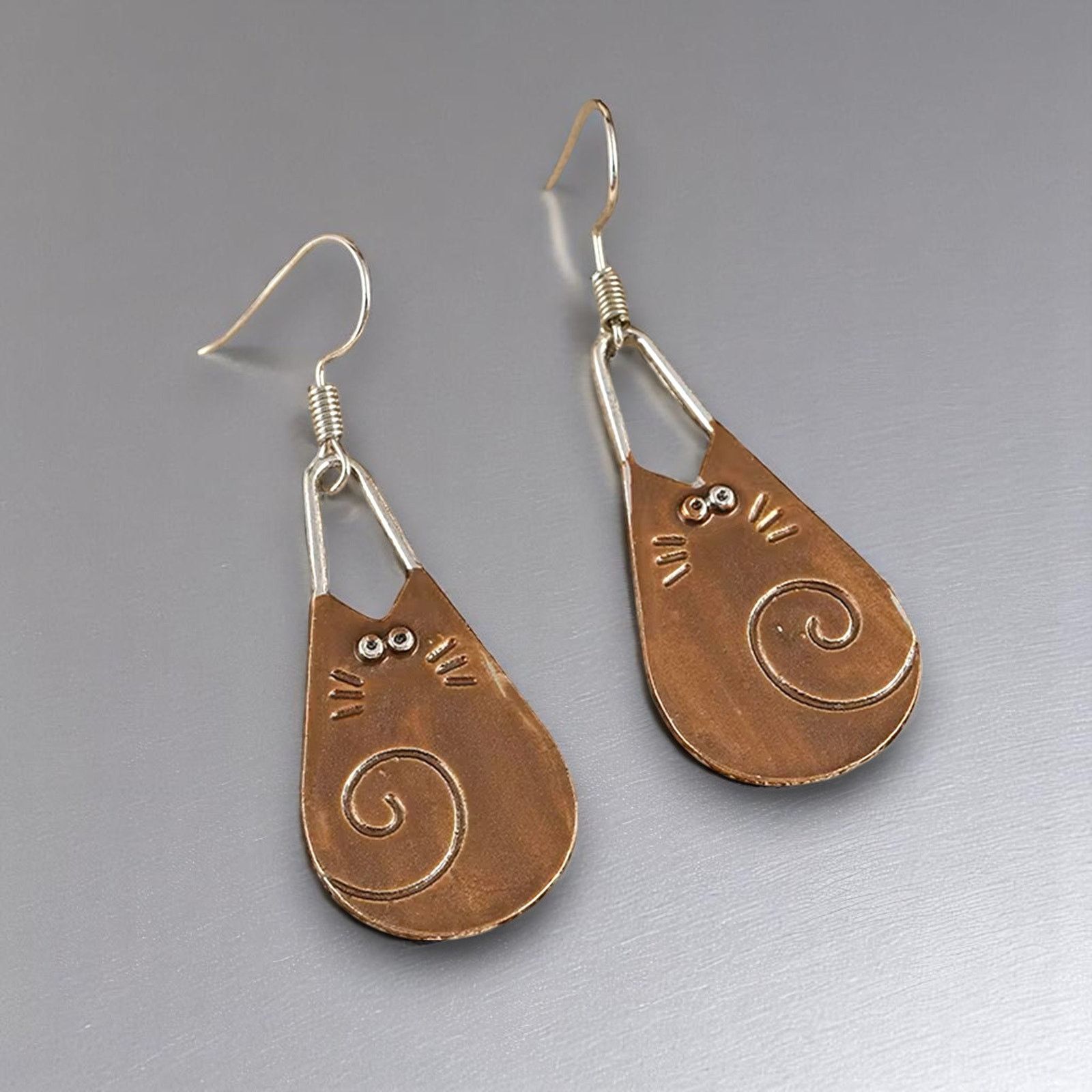 Designer Copper Cat Dangle Earrings Hooks Minimalist Design Size ONE SIZE - 2 Thumbnail