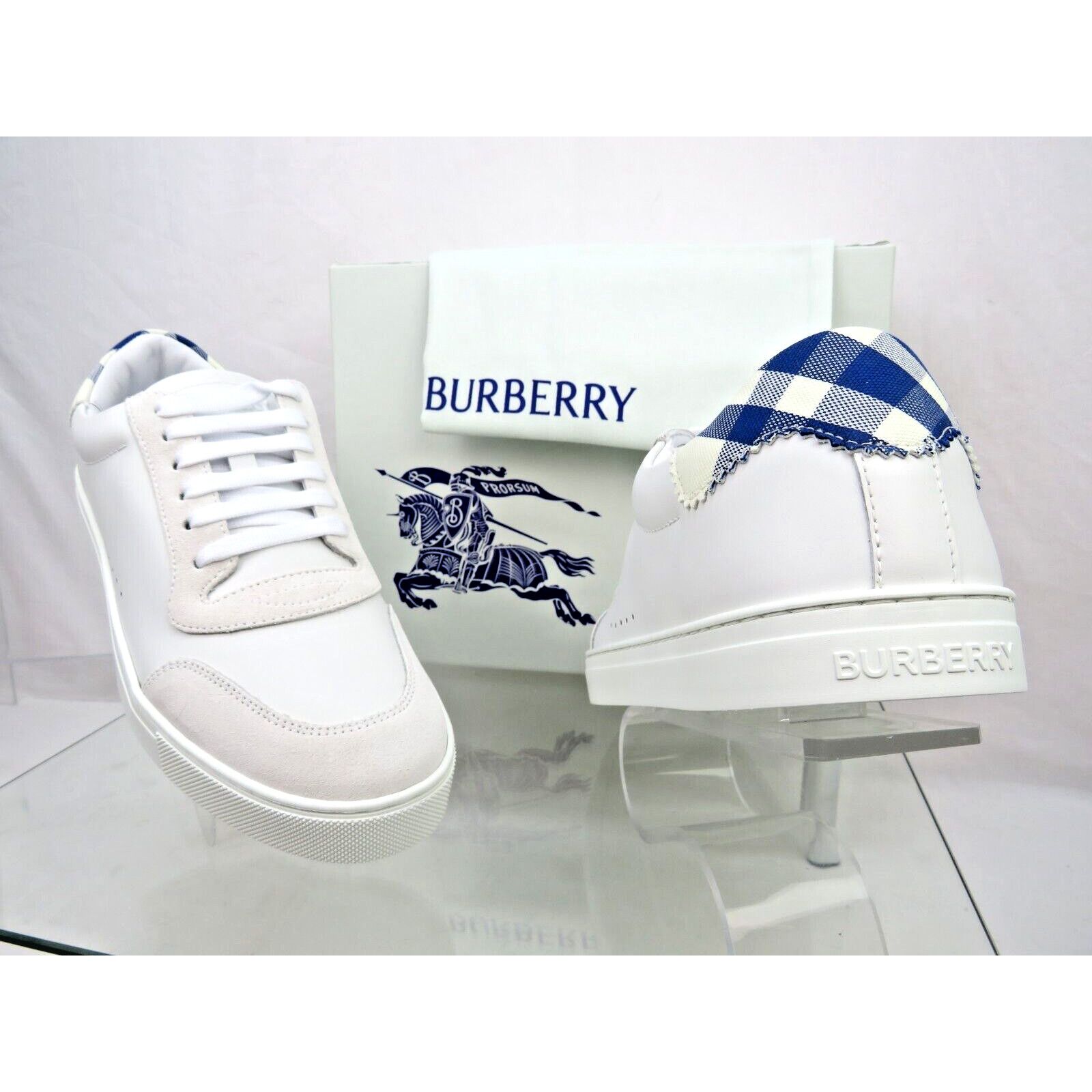 Burberry BURBERRY ROBIN WHITE BLUE CHECK LEATHER LOGO SNEAKERS 11.5 Size US 11.5 / EU 44-45 - 1 Thumbnail