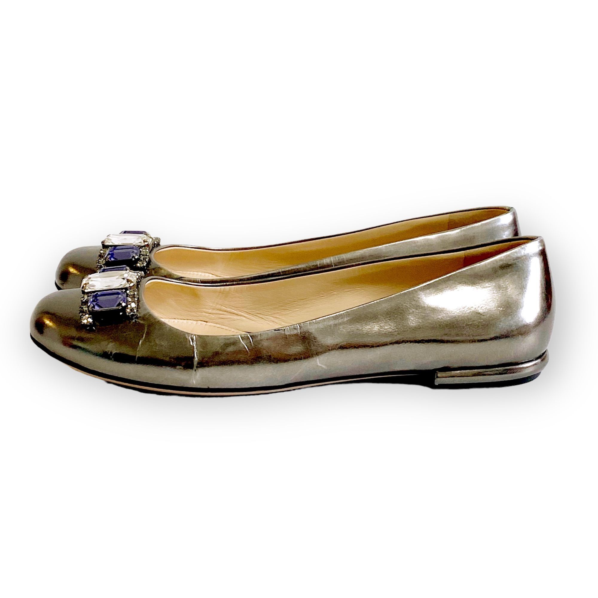 image of Prada Pewter Leather Jewelled Flats, Size 38.5 Eu in Silver, Women's