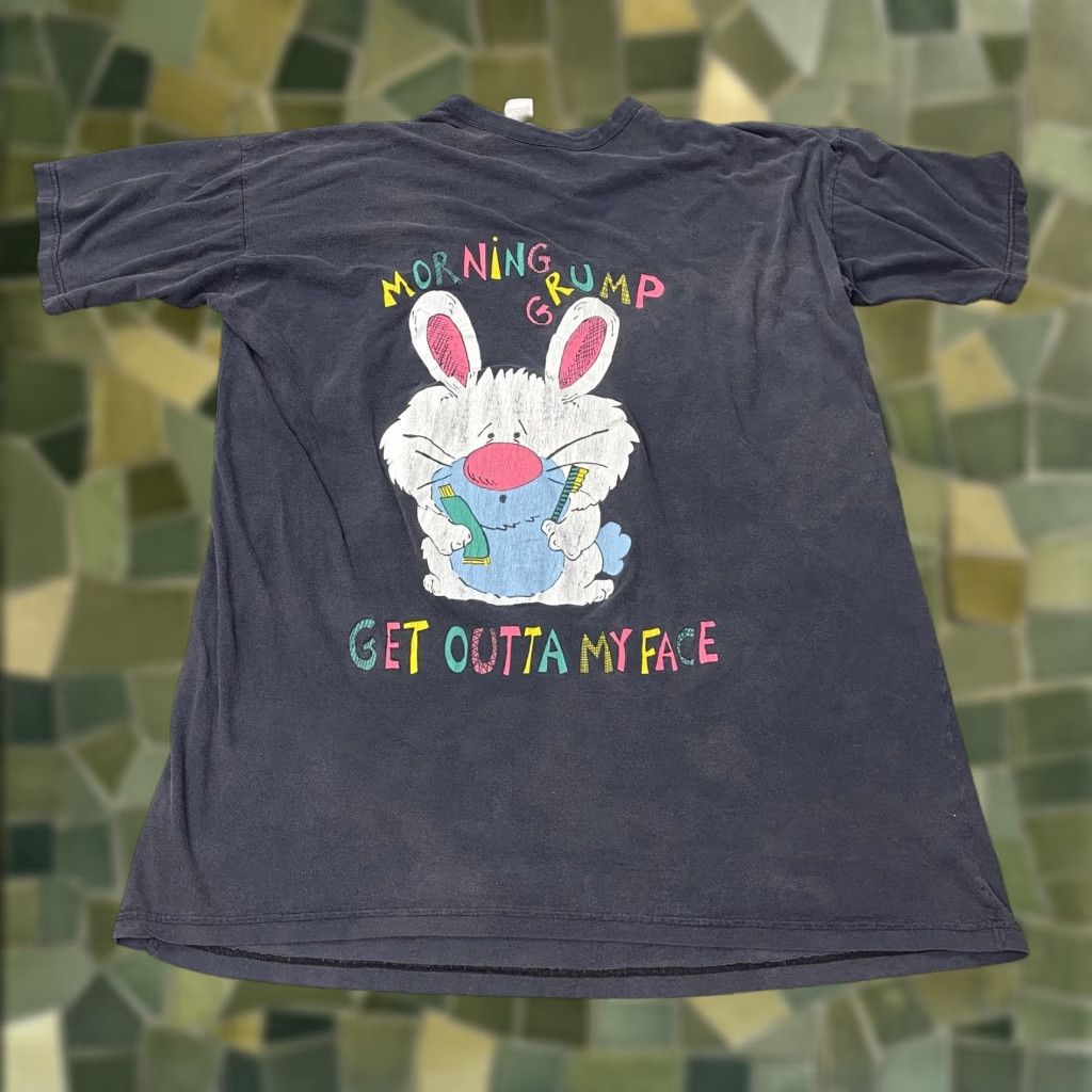Vintage VINTAGE Claudia Phillips Shirt Mens XL Black Short Sleeve Graphic Print Crew Neck 90s Grumpy Morning Bunny Size US XL / EU 56 / 4 - 1 Thumbnail