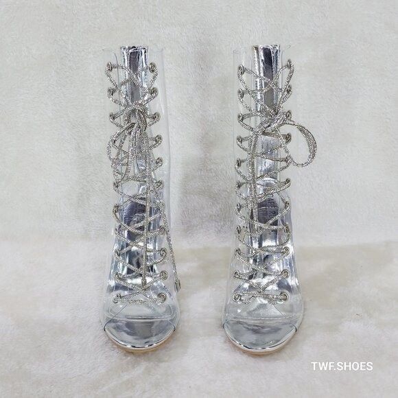 Other See Me Silver Rhinestone Laces Heels Clear Upper Open Toe An Size US 10 / IT 40 - 3 Thumbnail