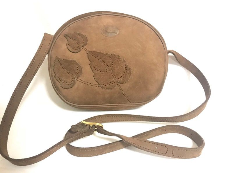 image of Vintage Longchamp Brown Suede Leather Oval Round Shape Shoulder Bag With Leaf Applique Motifs. And 
