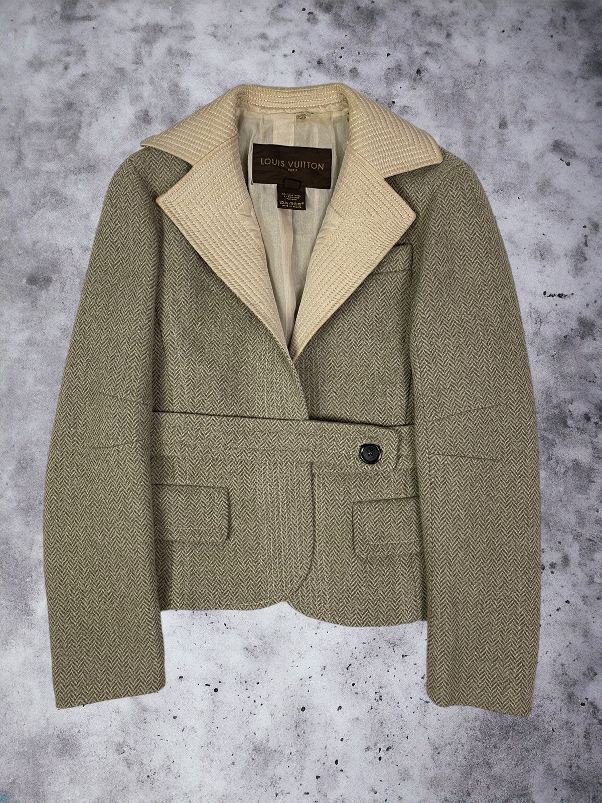 image of Louis Vuitton Wool Tweed Blazer One Button Jacket in Grey Beige, Women's (Size Small)
