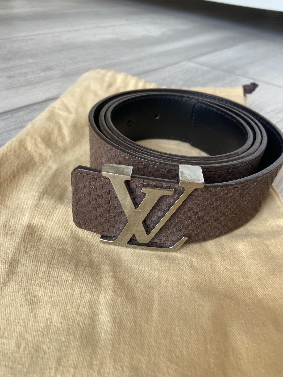 Louis Vuitton Louis Vuitton Brown Mini Damier Suede Initiales Belt Size 34 - 1 Thumbnail