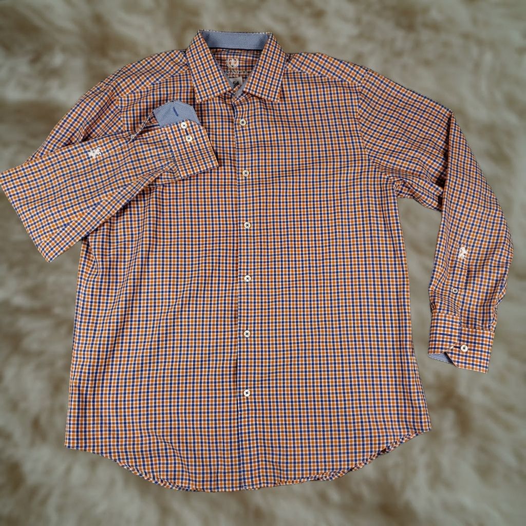 BUGATCHI Bugatchi Uomo Shirt Mens Size 16.5 Orage Blue Check Dress Button Up Long Sleeve Size 46R - 1 Thumbnail
