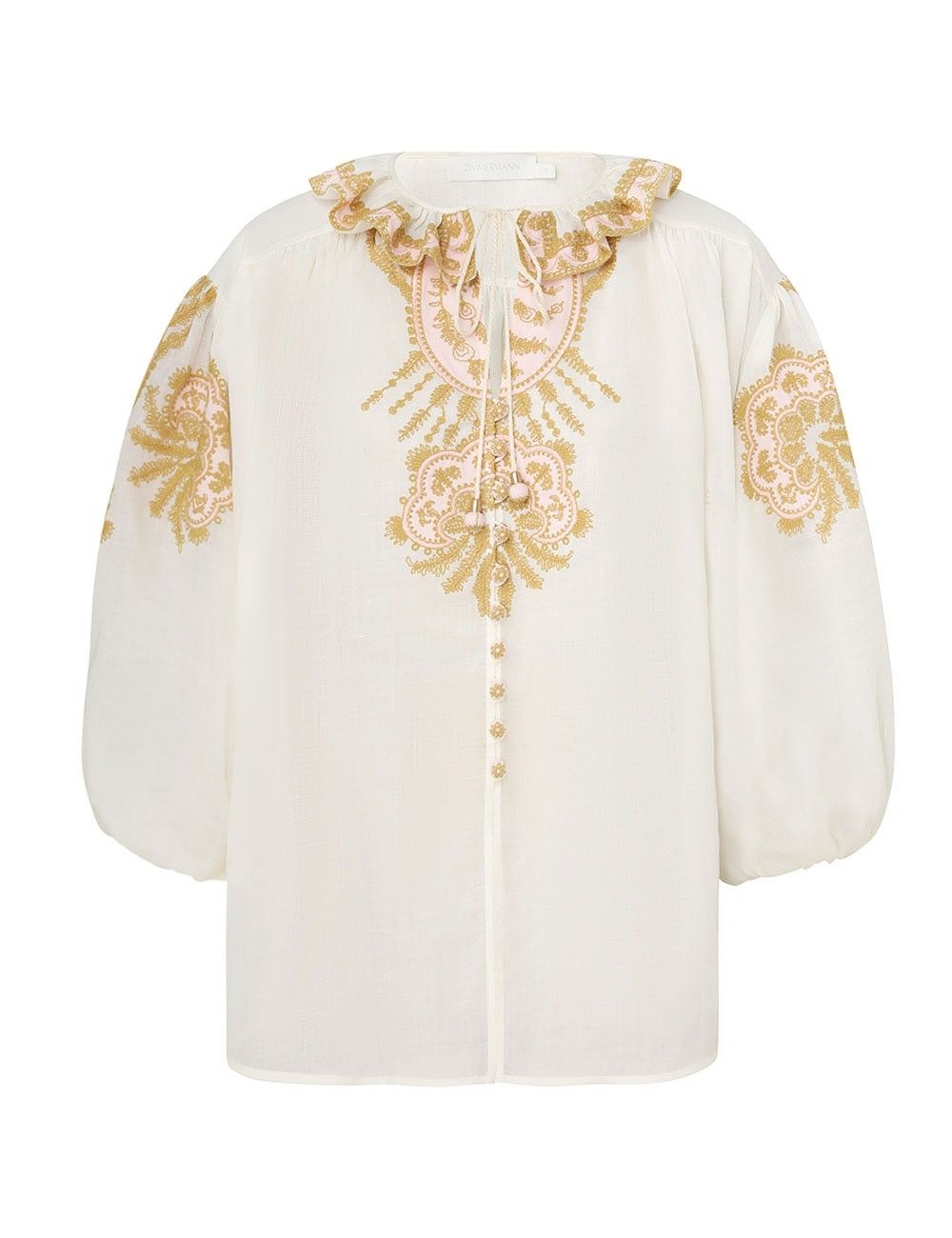 oc11z0525 Waverly-Embroidered Puff-Sleeved Blouse Multicolor