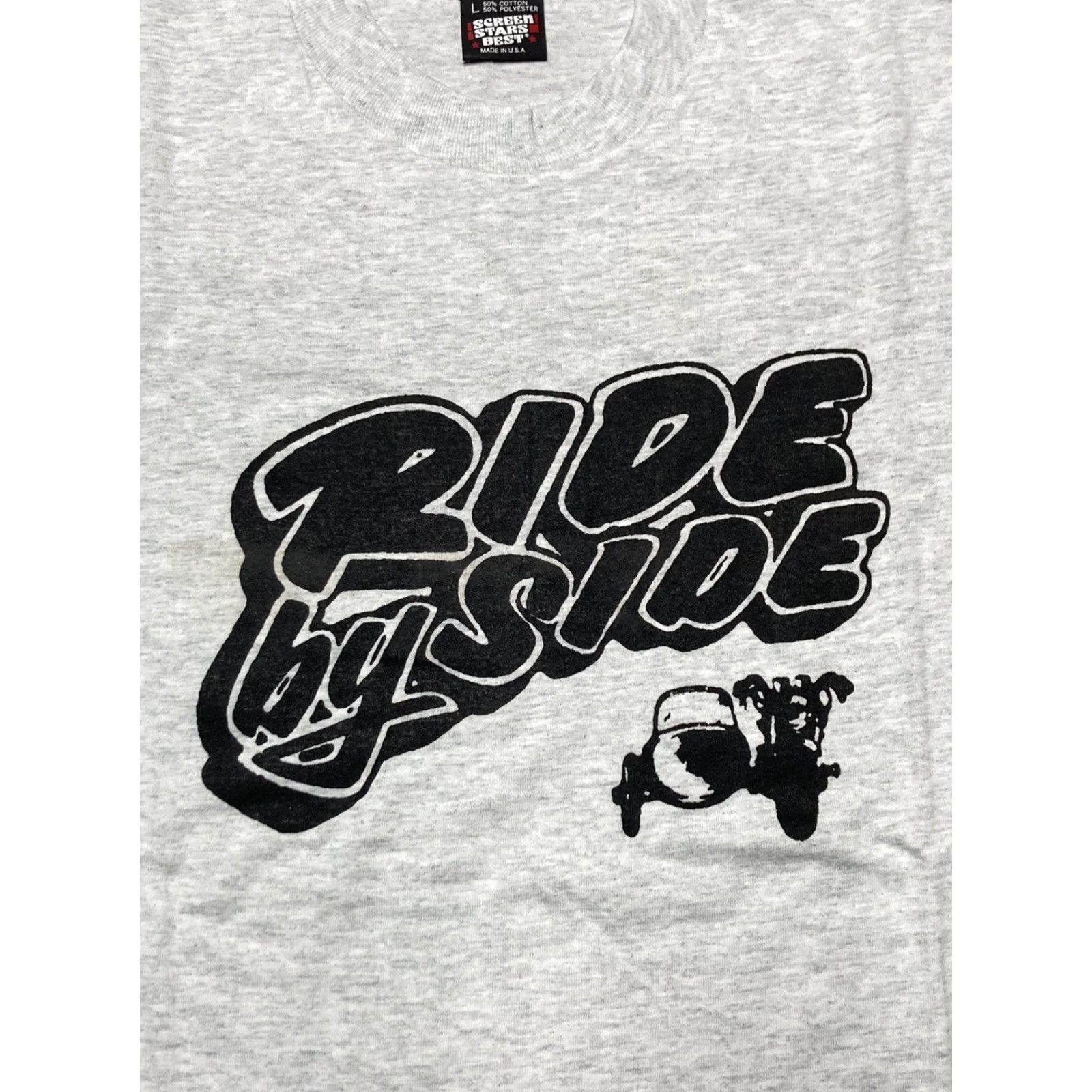Vintage VINTAGE 90s T SHIRT RIDE BY SIDE SIDECAR MOTORCYCLE SHOP MICHIGAN NOS NEW Large Mens Gray Screen Stars Size US L / EU 52-54 / 3 - 2 Thumbnail
