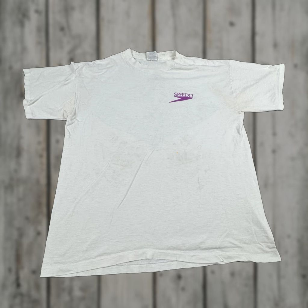 Speedo VINTAGE Speedo Shirt Mens XL White Serenity Legacy of Champions Back Graphic Made USA 90s Mens XL Graphic Print Crew Neck Short Sleeve Cotton T-Shirt Size US XL / EU 56 / 4 - 1 Thumbnail