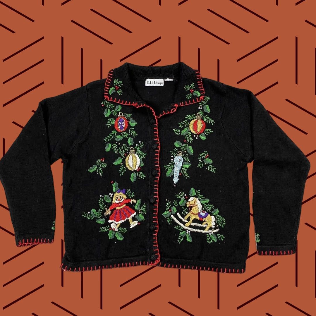 Vintage VINTAGE BP DESIGN BLACK KNIT CARDIGAN SWEATER EMBROIDERED HOLLY MEDIUM WOMENS Size M / US 6-8 / IT 42-44 - 1 Thumbnail