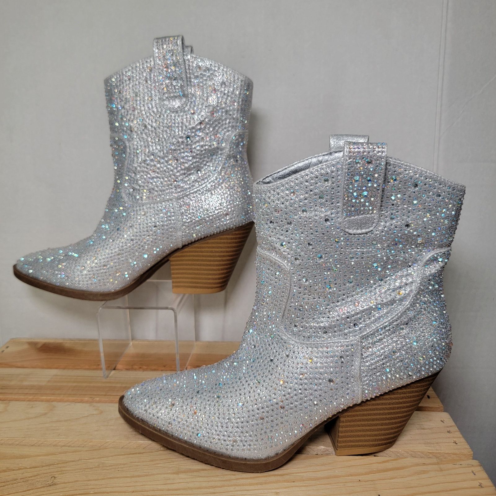Other Forever Silver Rhinestone Cowboy Ankle Boots - Size 7 Size US 7 / IT 37 - 1 Thumbnail