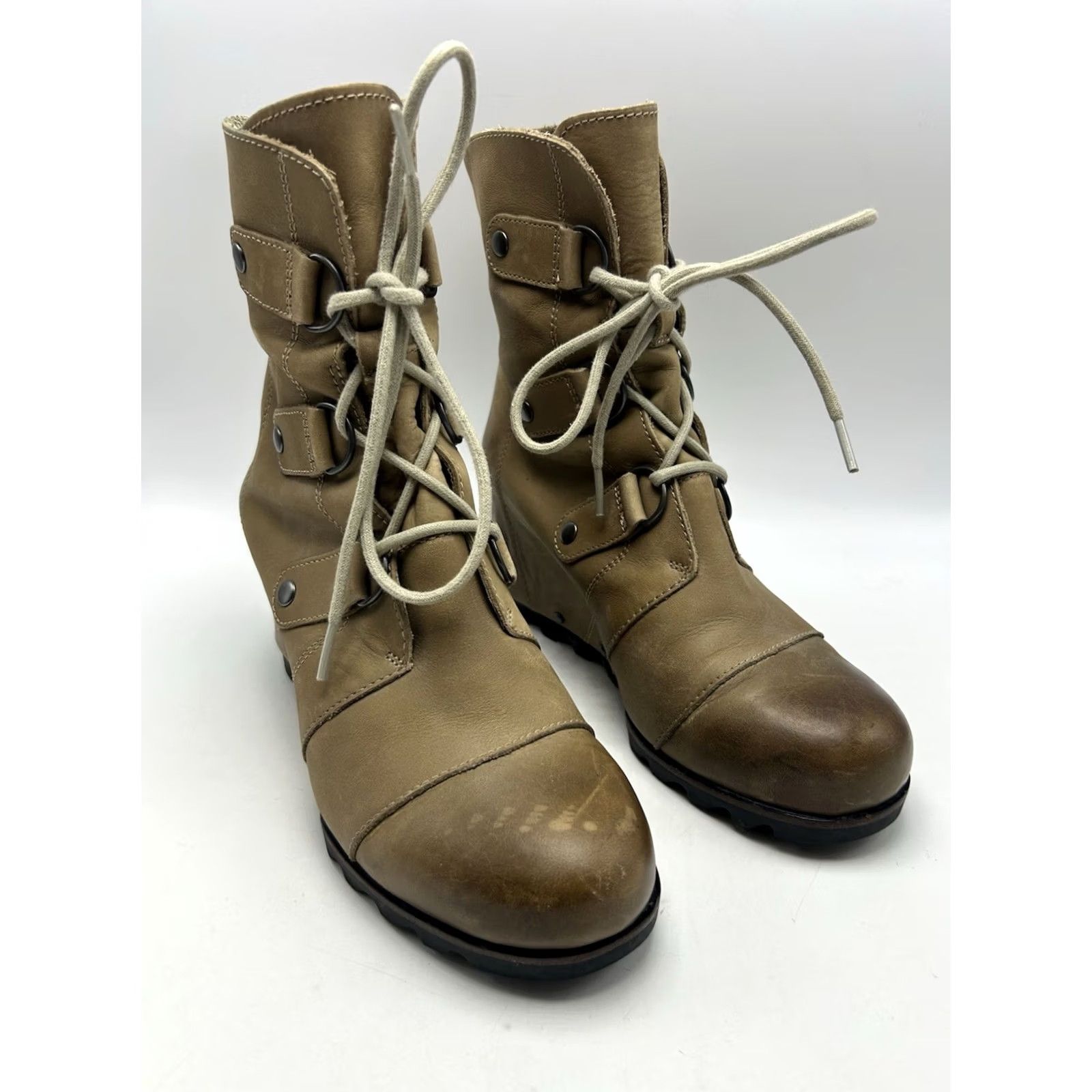 SOREL Sorel Joan of Arctic Boot Beige Leather Distressed Distressed Look Wedge Mid Heel Women’s Bootie 8 US Size US 8 / IT 38 - 2 Thumbnail