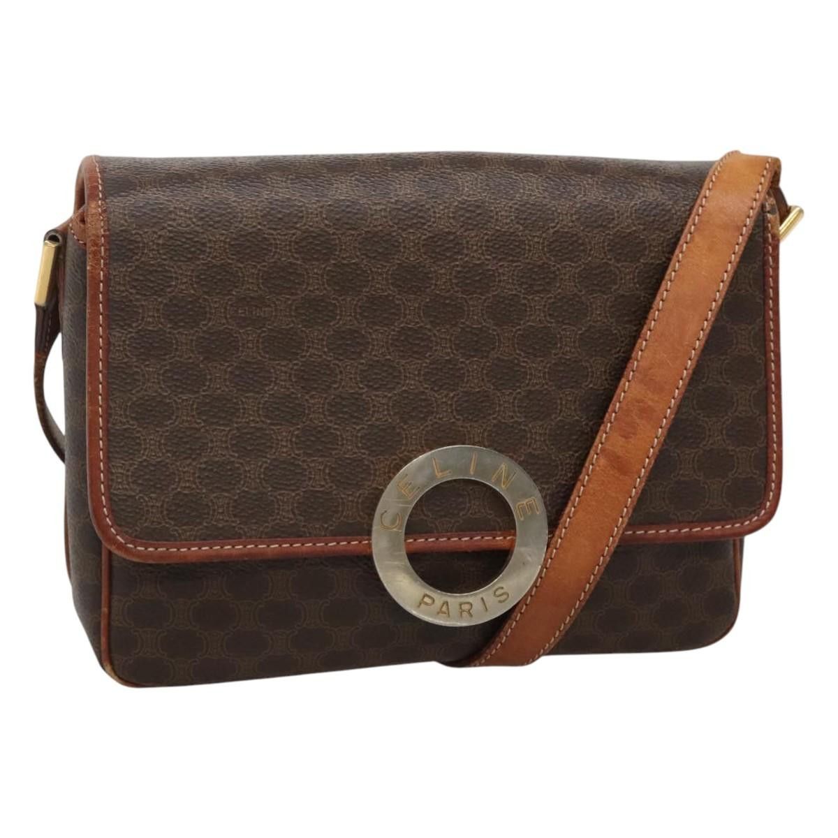 Celine Macadam Canvas Shoulder Bag Pvc Leather Brown Gold Auth 116805 in Brown/Gold, Women's