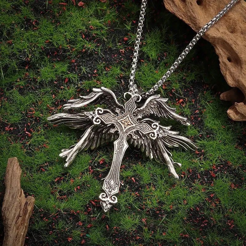 Jewelry × Vintage Classic Retro Angel Wings Cross Pendant Necklace Size ONE SIZE - 1 Thumbnail