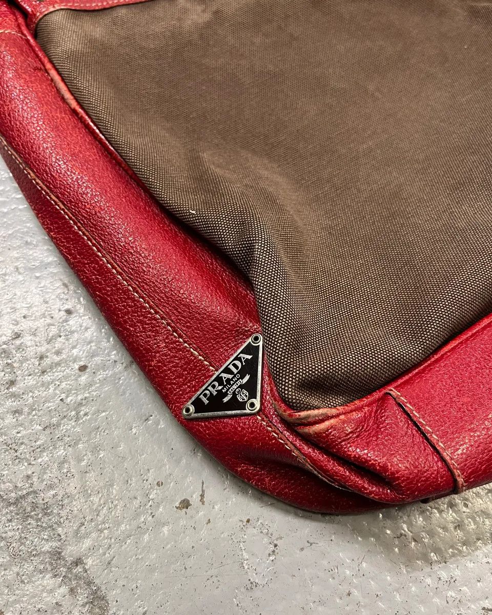 Prada Prada Brown Canvas Red Leather Messenger Bag Size ONE SIZE - 7 Thumbnail