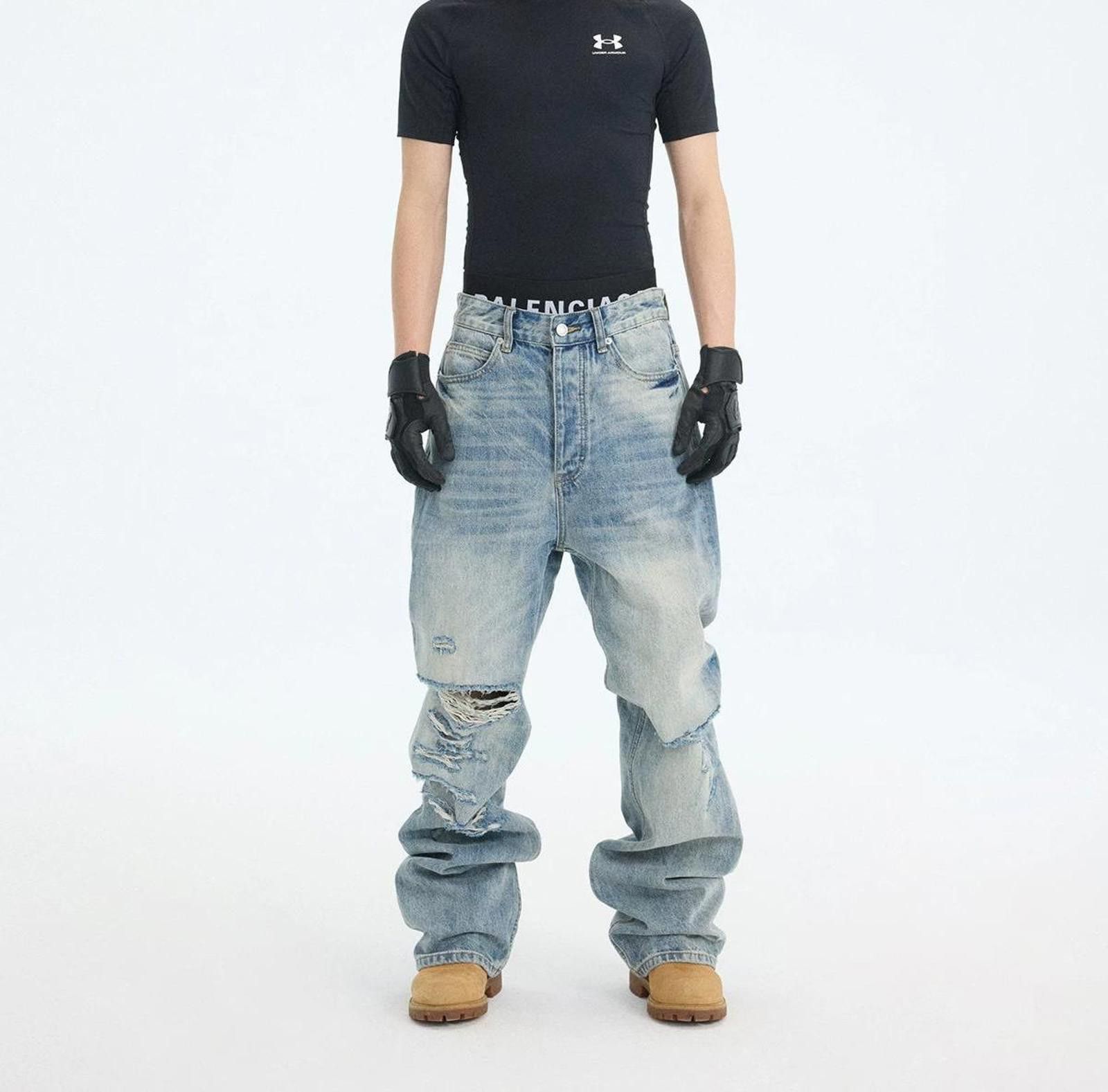 Jean Washed Blue Heavy Slash Destroy Slim Straight Denim Jeans Size US 32 / EU 48 - 3 Thumbnail