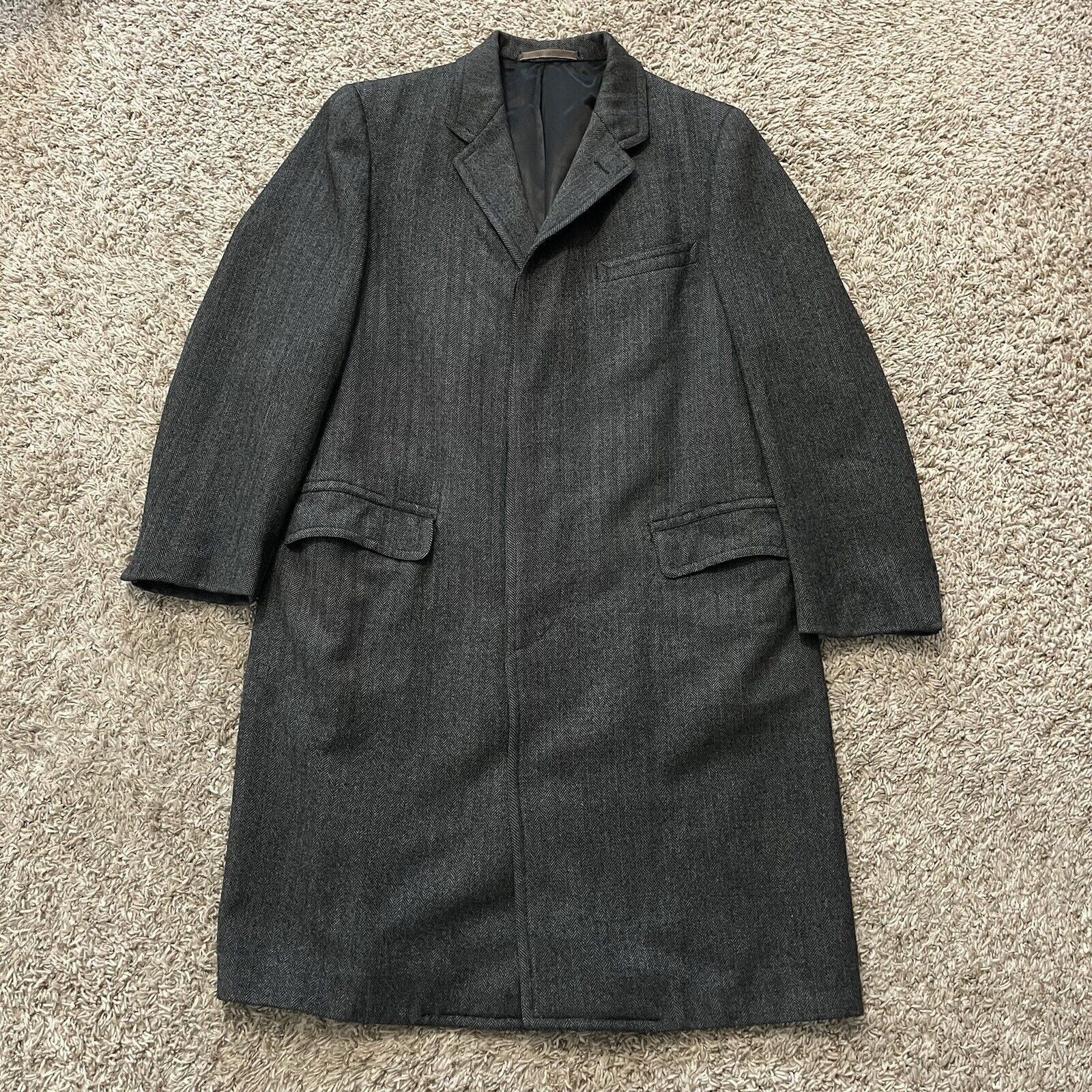 60s 70s Herringbone Wool Trench Overcoat Jacket Large