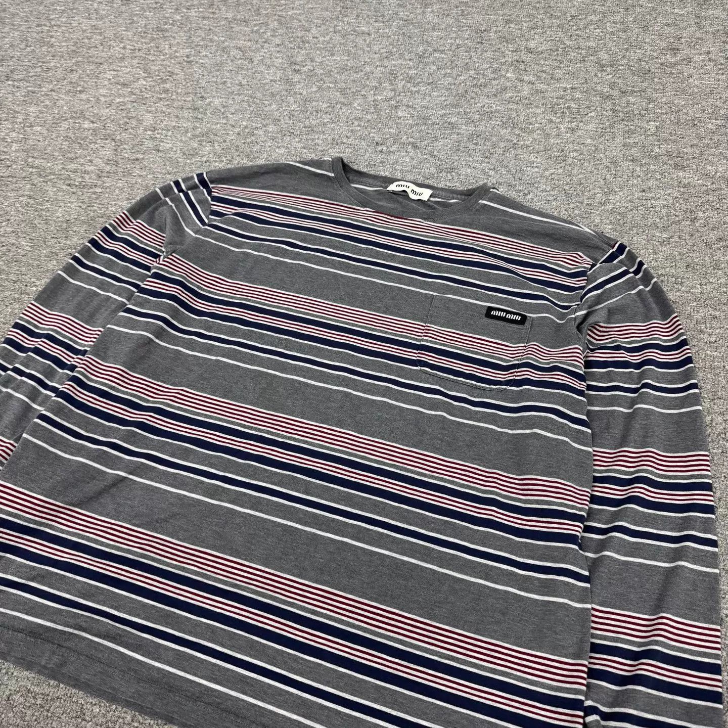 Miu Miu MIU MIU logo gray blue colorblock stripe pocket LS tee Size S / US 4 / IT 40 - 4 Thumbnail
