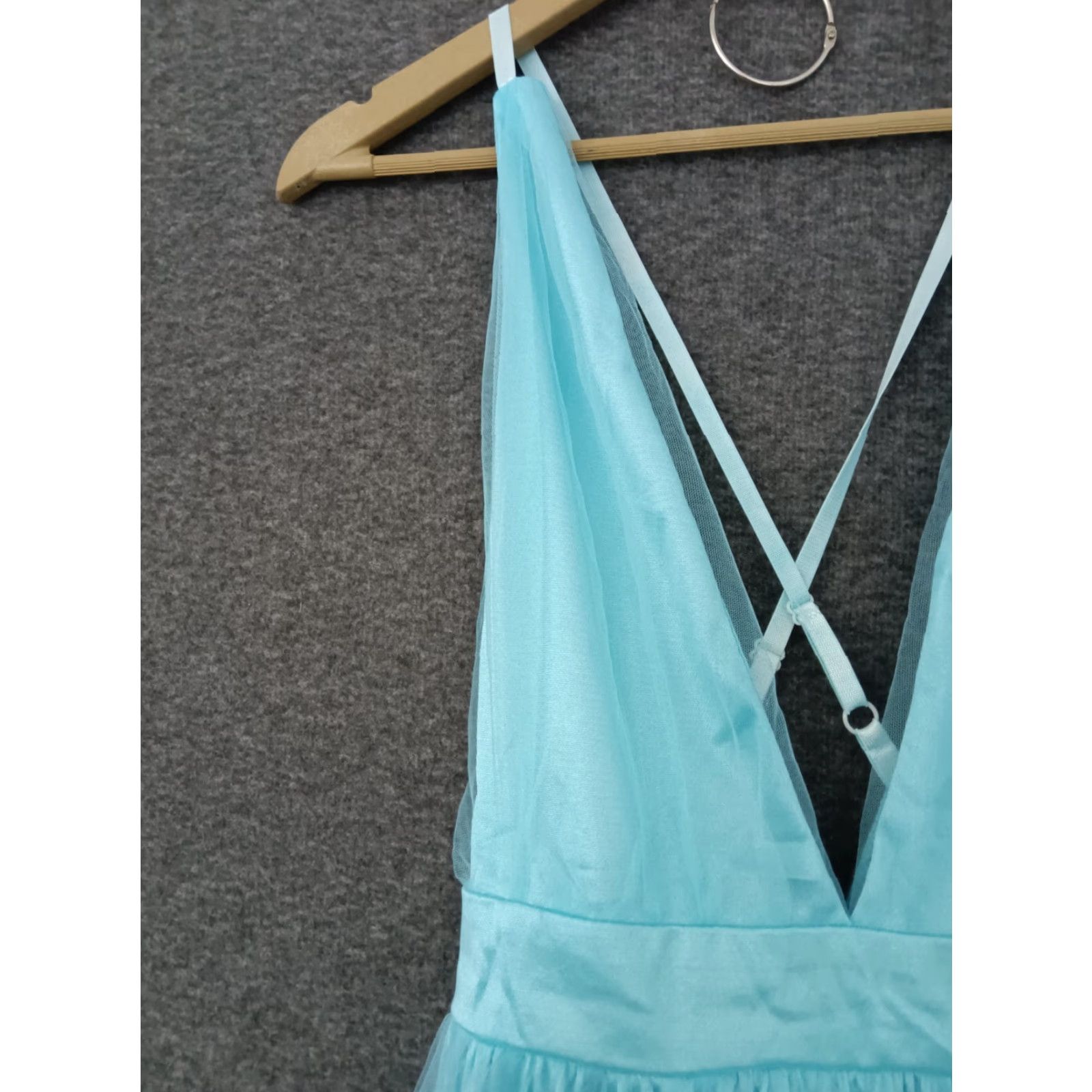 Vintage Ice Blue Moonlight V Neck Halter Maxi Women Dress Size M - Lined, Sleeveless, Solid Blue, Blended Fabric, Dress, Maxi, Women's, Casual Party Wedding Size M / US 6-8 / IT 42-44 - 7 Thumbnail