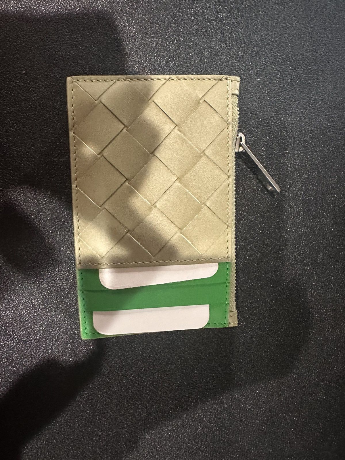 image of Bottega Veneta Bottega Card Case With Zip Compartment in Deep Olive, Men's