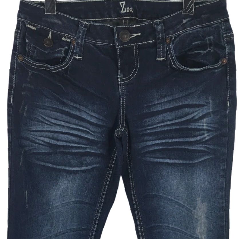 Vintage Womens Zco Boot Cut Jeans Blue Dark Wash Stretch Distressed Whiskered Juniors 5 Jeans Distressed Womens Size 27" / US 4 / IT 40 - 4 Thumbnail