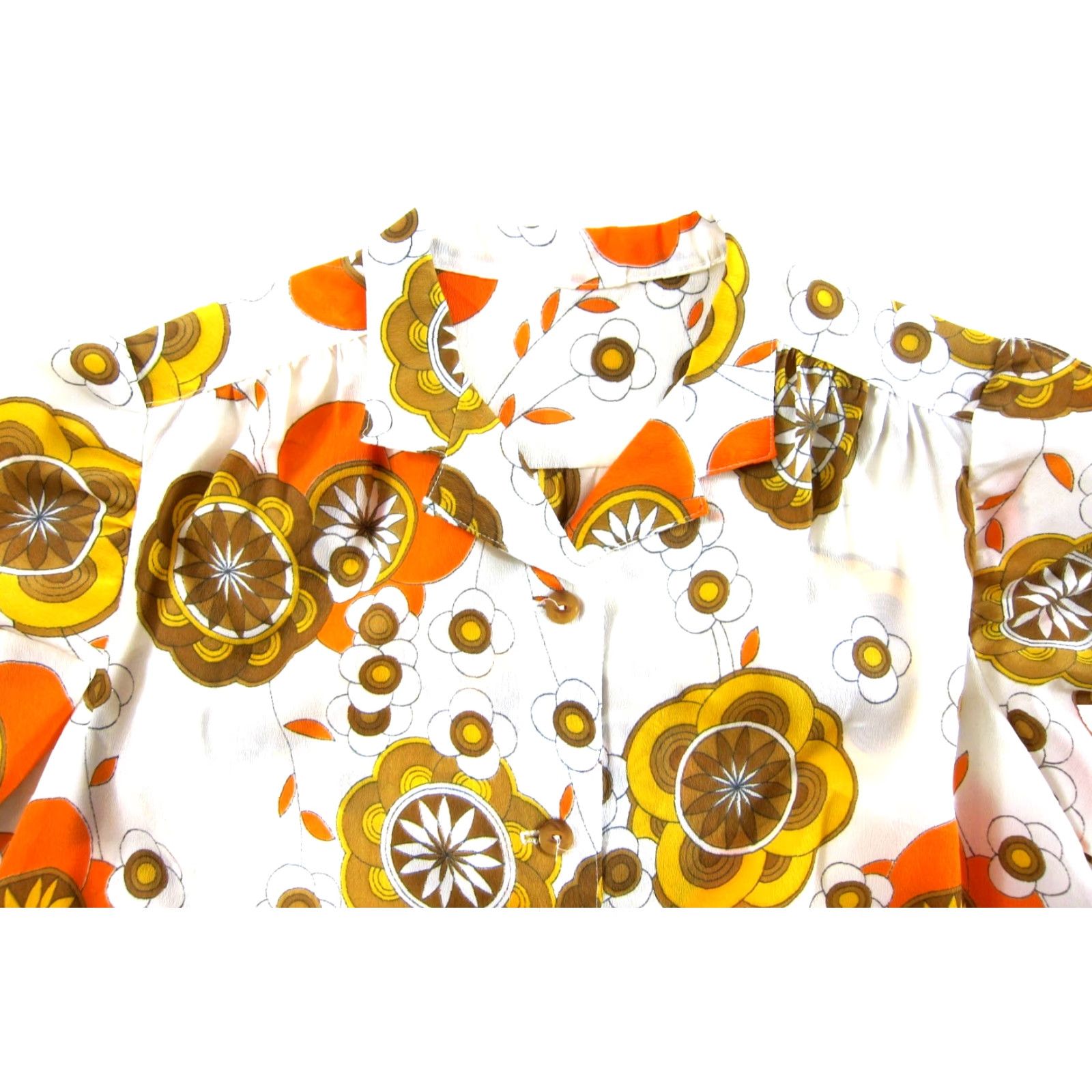 Vintage VINTAGE Handmade Blouse Shirt M Womens Floral 70s 100% polyester Orange Yellow White Short Sleeve Button Up Casual Size M / US 6-8 / IT 42-44 - 3 Thumbnail