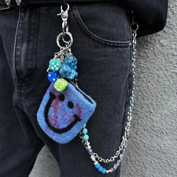 Jewelry Blue Beaded Wallet Pants Chain with Felt Smile Pouch Size ONE SIZE - 1 Thumbnail