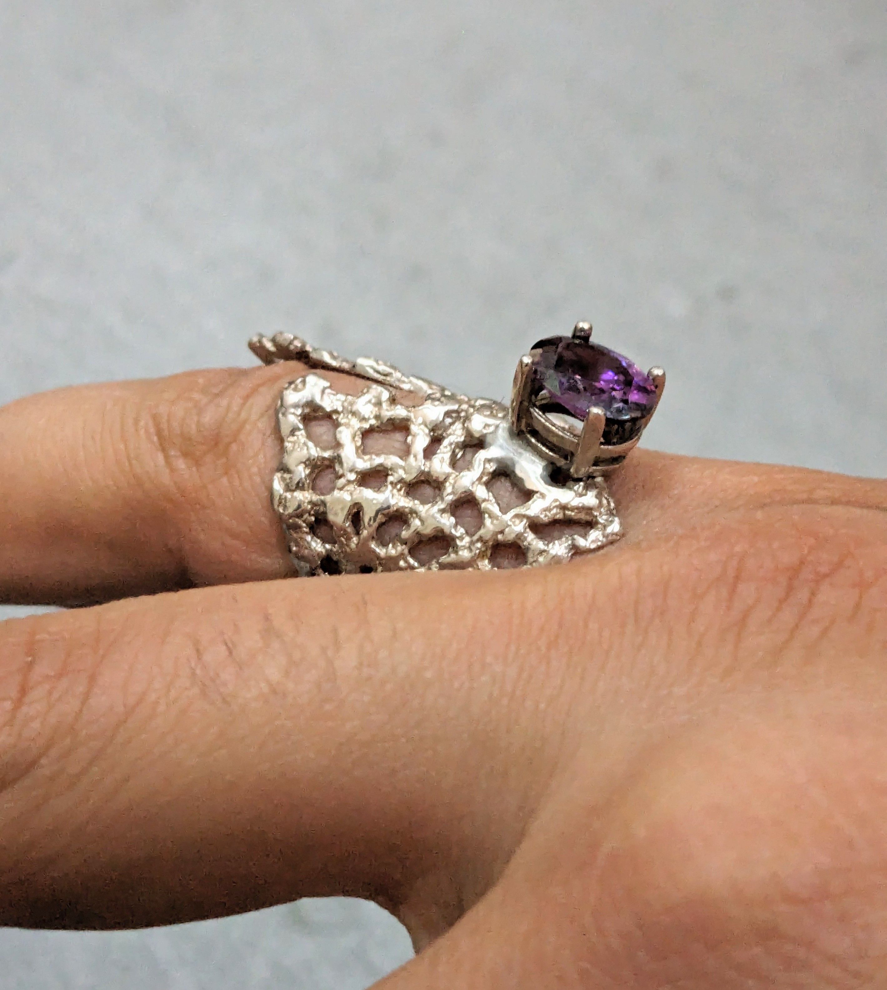 Jewelry Sterling Silver Ring Amethyst Size 8 Adjustable Brutalist Size ONE SIZE - 14 Thumbnail