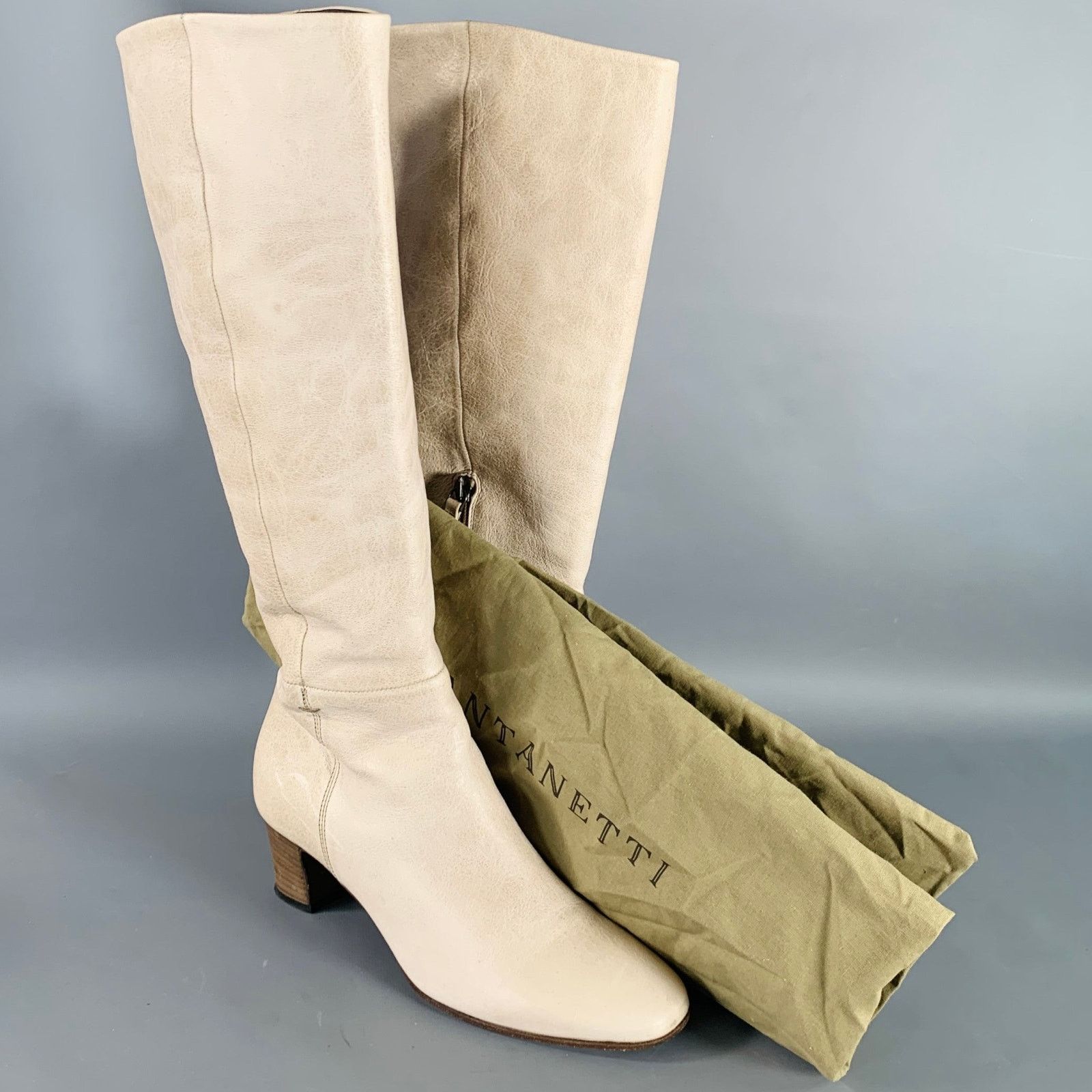 Pantanetti PANTANETTI Beige Leather Stacked Heel Calf High Boots Size US 7.5 / IT 37.5 - 8 Thumbnail