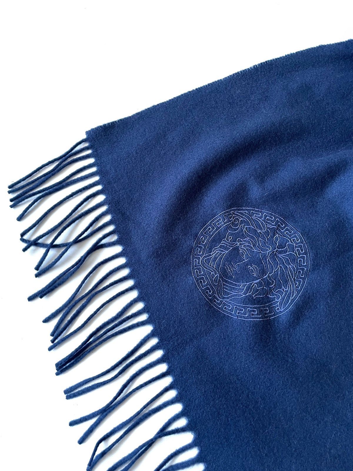 Versace Versace Blue Wool Scarf Embroidered Medusa Logo Italy 155cm Size ONE SIZE - 8 Thumbnail
