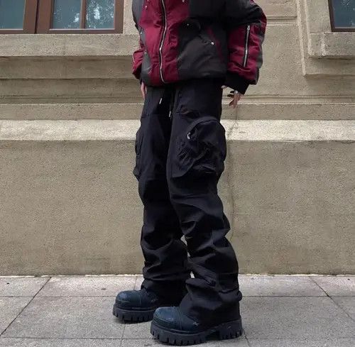 Vintage pleated multi-pocket nylon cargo trousers
