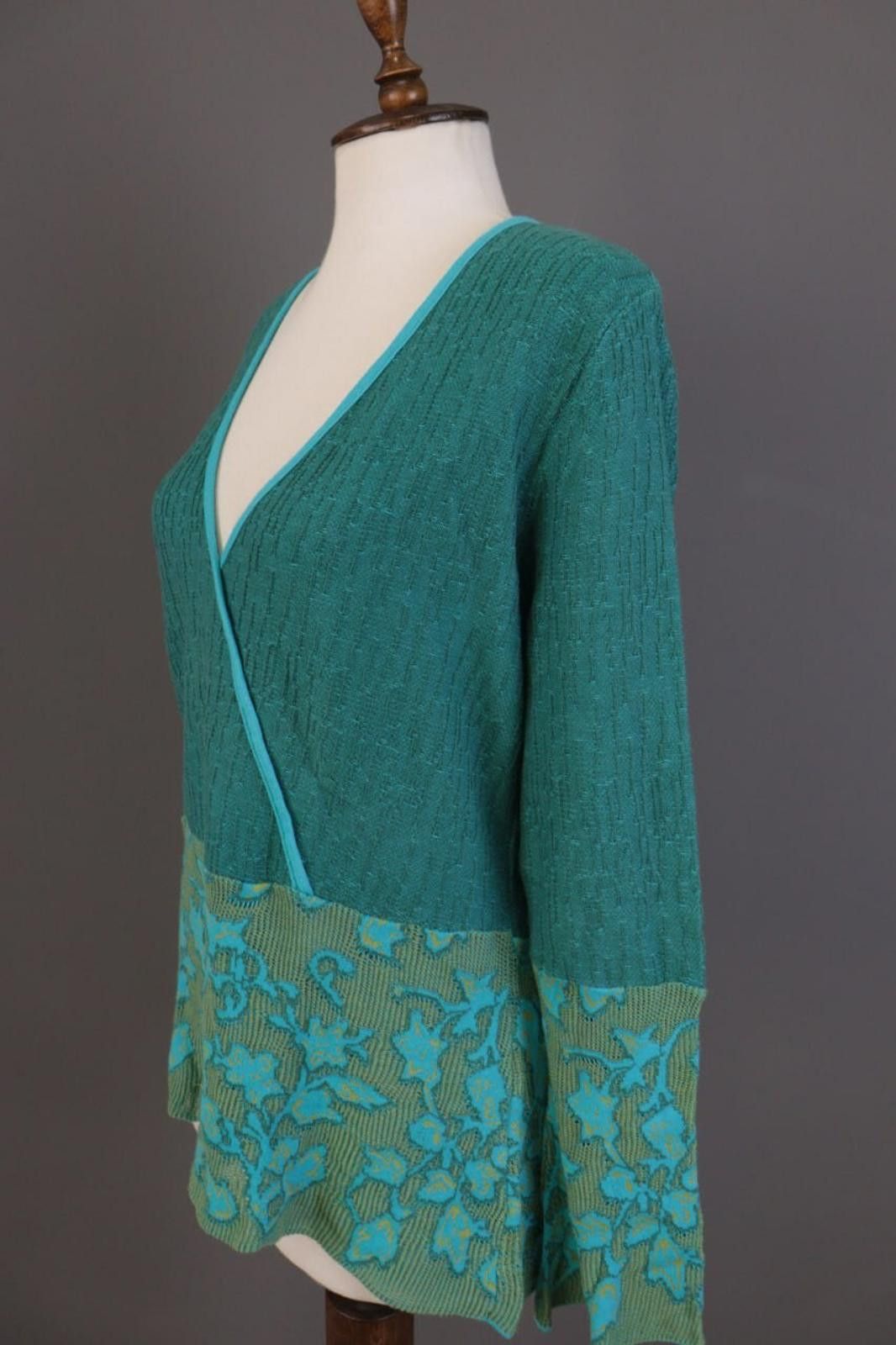 Designer Dunoue Green V-Neck Floral Knit Sweater Size XL Size XL / US 12-14 / IT 48-50 - 5 Thumbnail