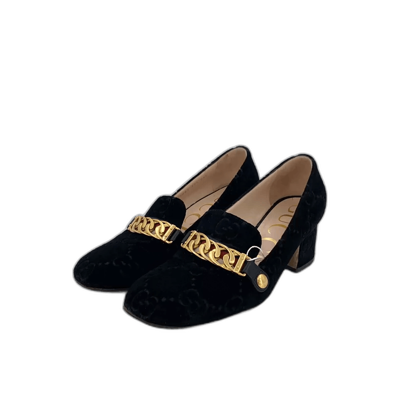 Gucci Gucci Black Logo Chain Loafers Suede Heels Size US 7 / IT 37 - 1 Thumbnail