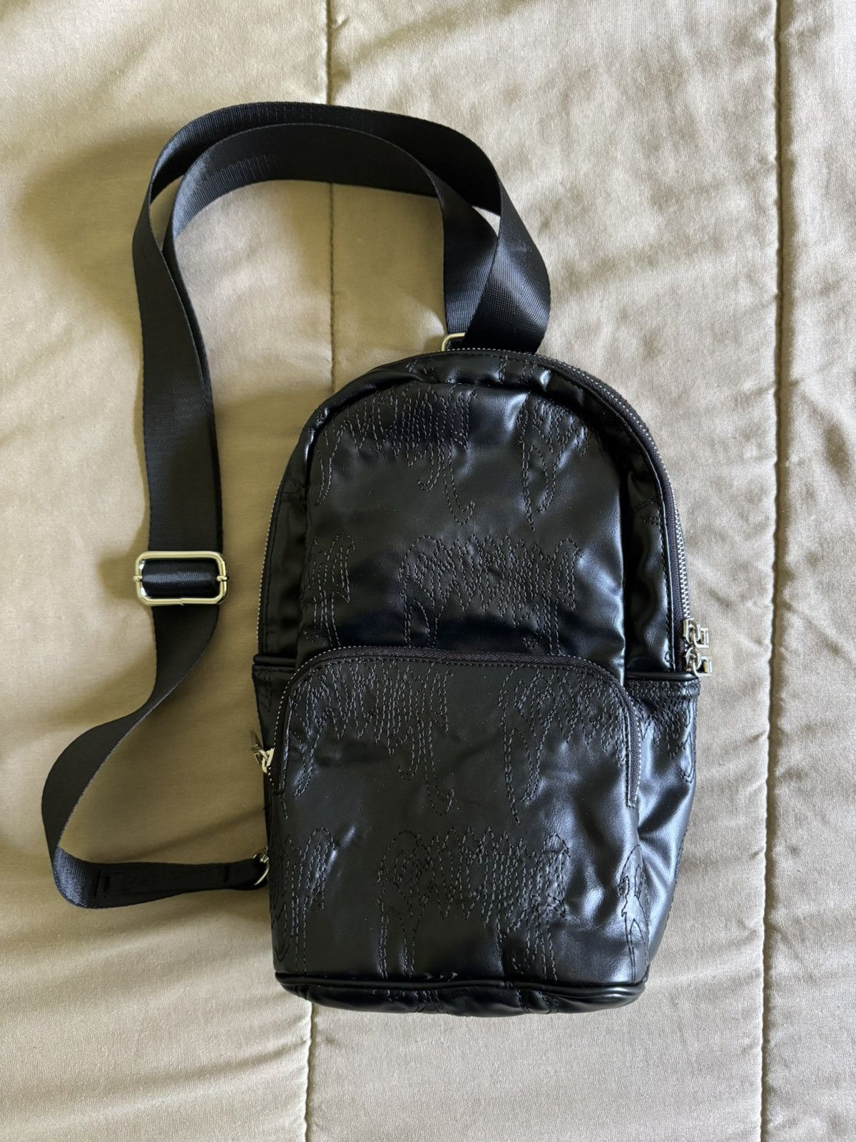 Revenge All Over Leather Stitch Sling Bag in Black, Men's
