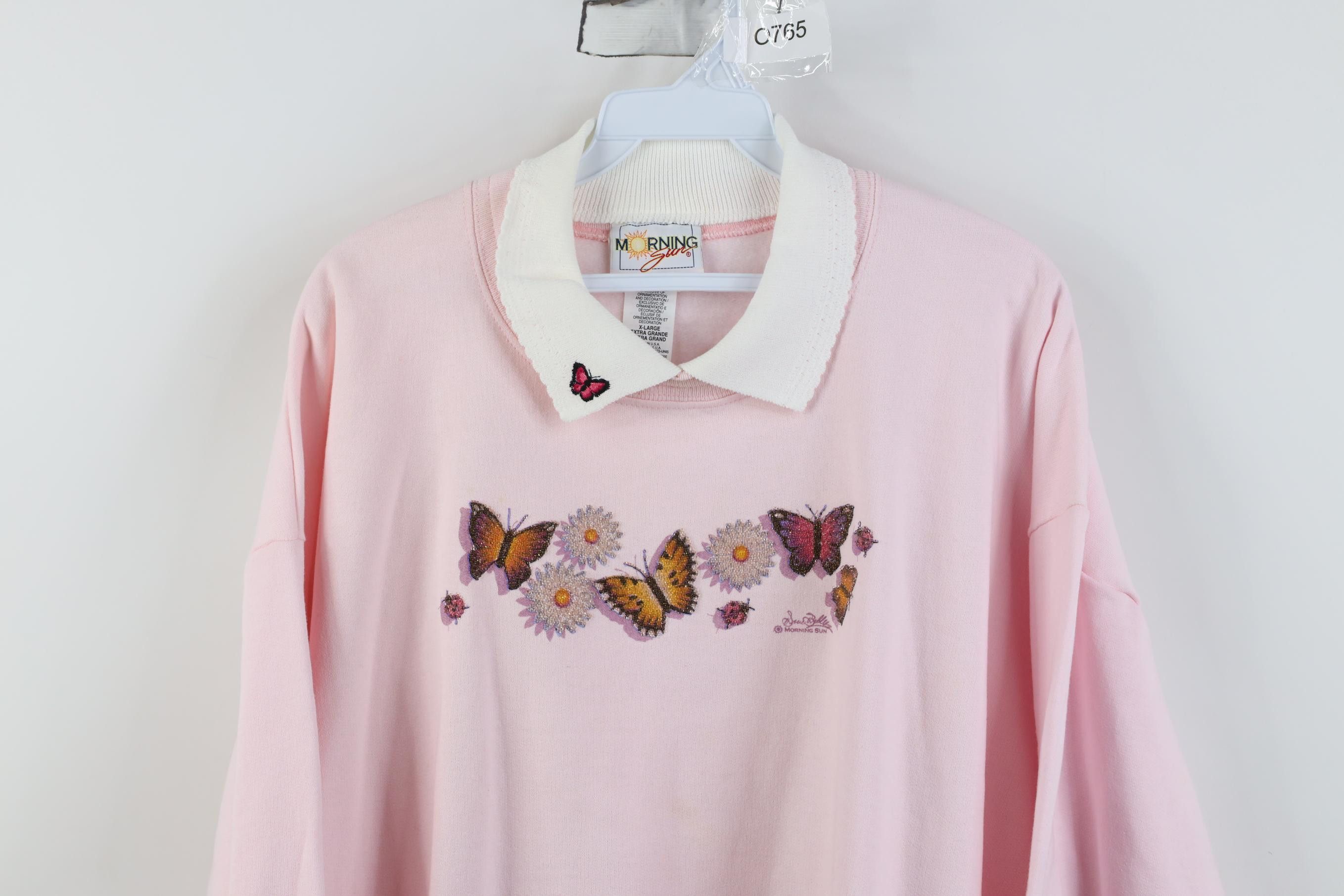 Vintage Vintage 90s Streetwear Butterfly Flower Collared Sweatshirt Size XL / US 12-14 / IT 48-50 - 2 Thumbnail