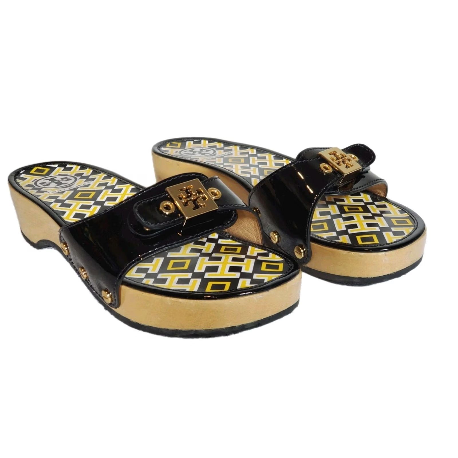 Tory Burch Tory Burch Dixon Patent Leather Wooden Clog Sandals Black Yellow Women US 8.5 Sandal Slip-On Block Heel Vintage No Size US 9 / IT 39 - 2 Thumbnail