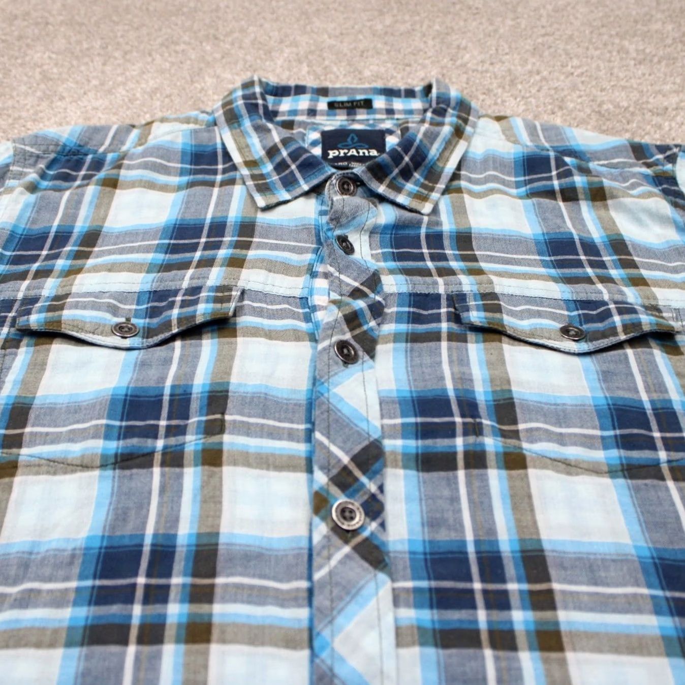 Prana prAna Zoltan Shirt Men XL Blue/White Slim Fit Organic Cotton Short Sleeve Button-Up Shirt Size US XL / EU 56 / 4 - 4 Thumbnail