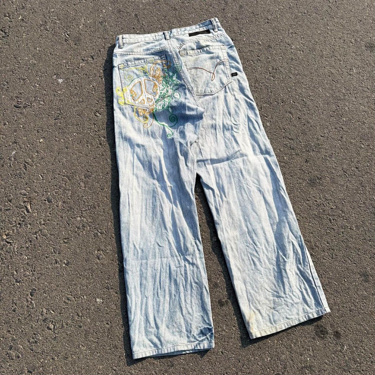 Japanese Brand Indigo Red Peace Graphic Denim Jeans Y2K Streetwear Size US 36 / EU 52 - 9 Thumbnail