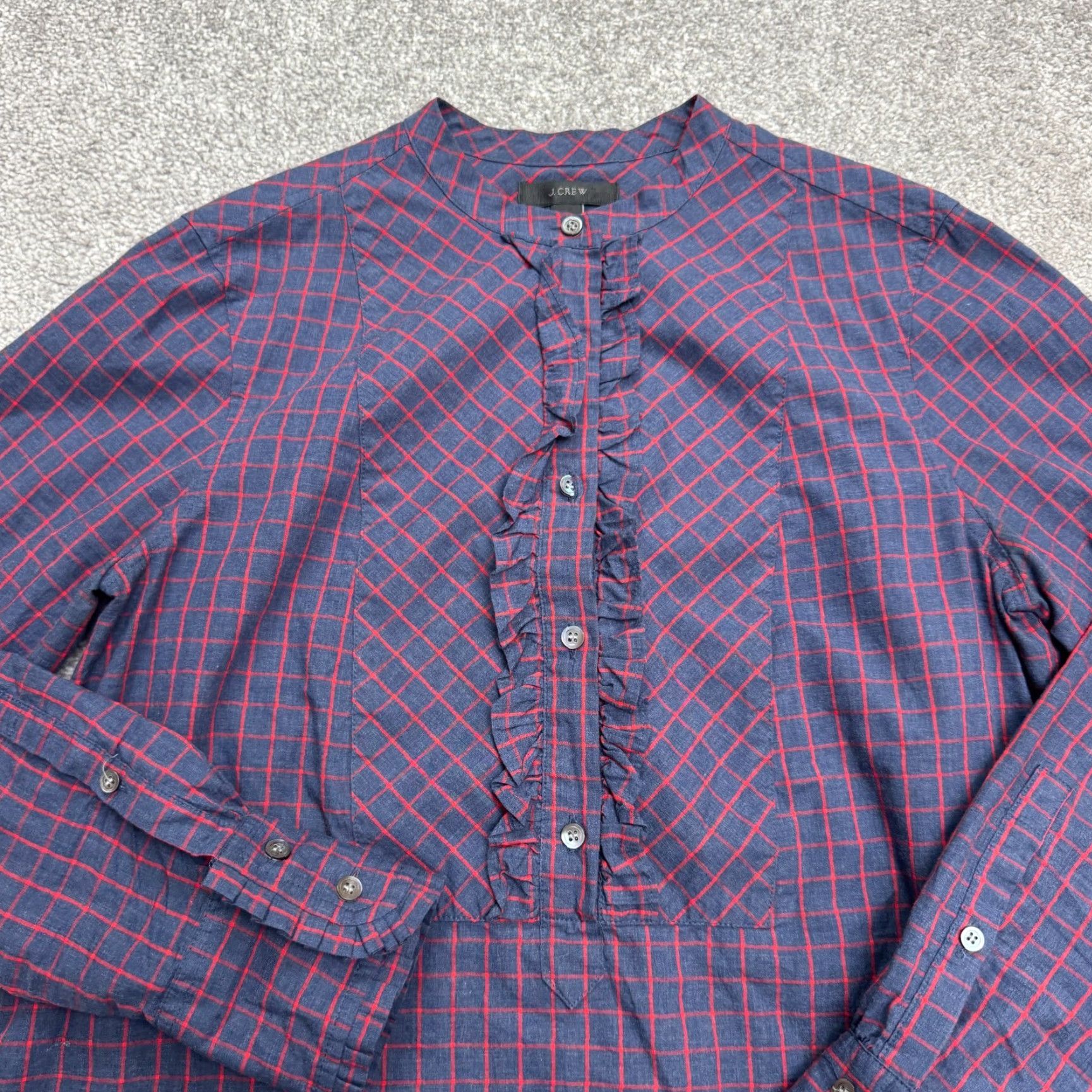 J.Crew J.Crew Button Ruffle Popover Blouse Womens S Red Blue Plaid Long Sleeve Cotton Casual Preppy Size S / US 4 / IT 40 - 3 Thumbnail