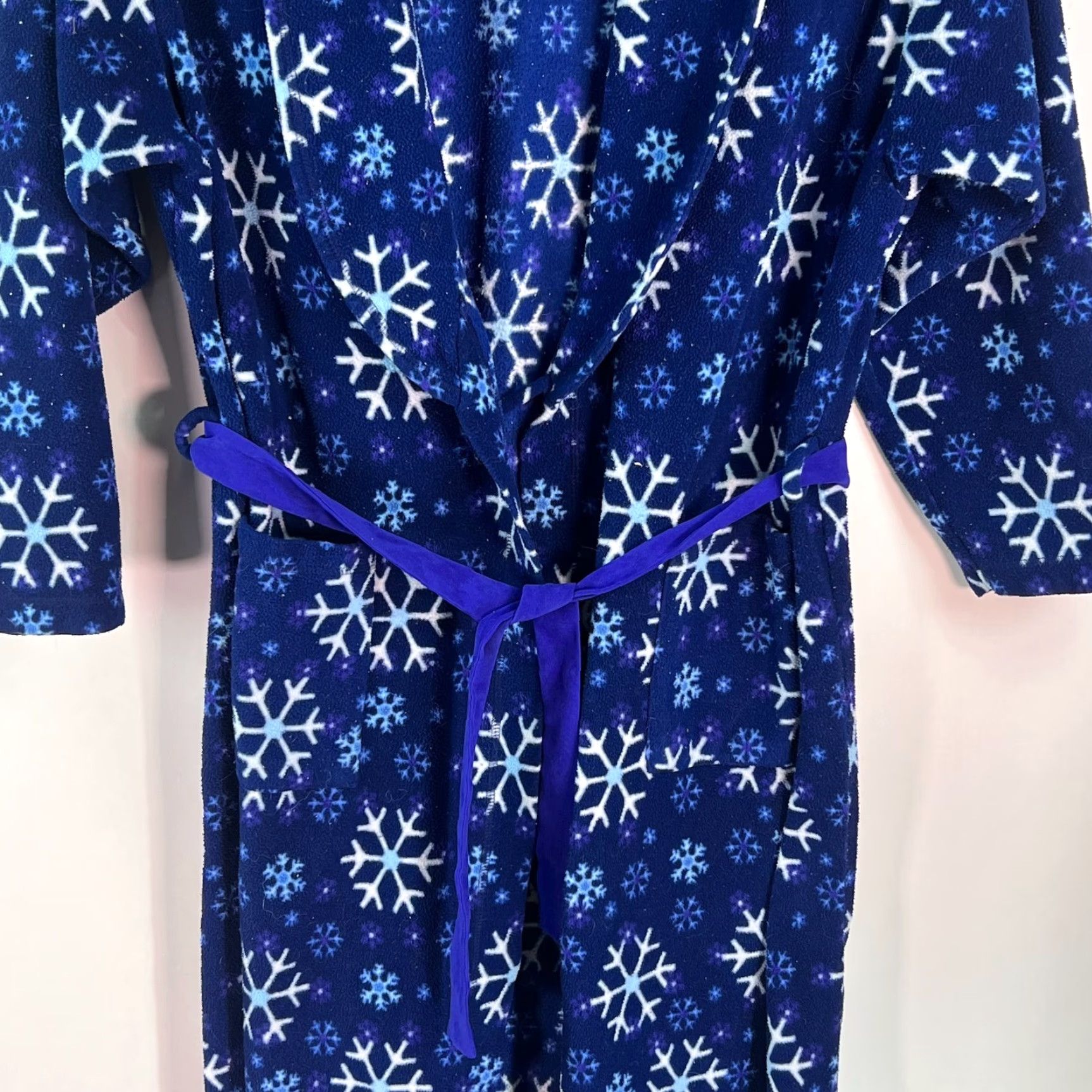Vintage VTG Goodnight Snowflake Print Fleece Robe Belted Collared Long Blue Womens SZ L Size ONE SIZE - 5 Thumbnail