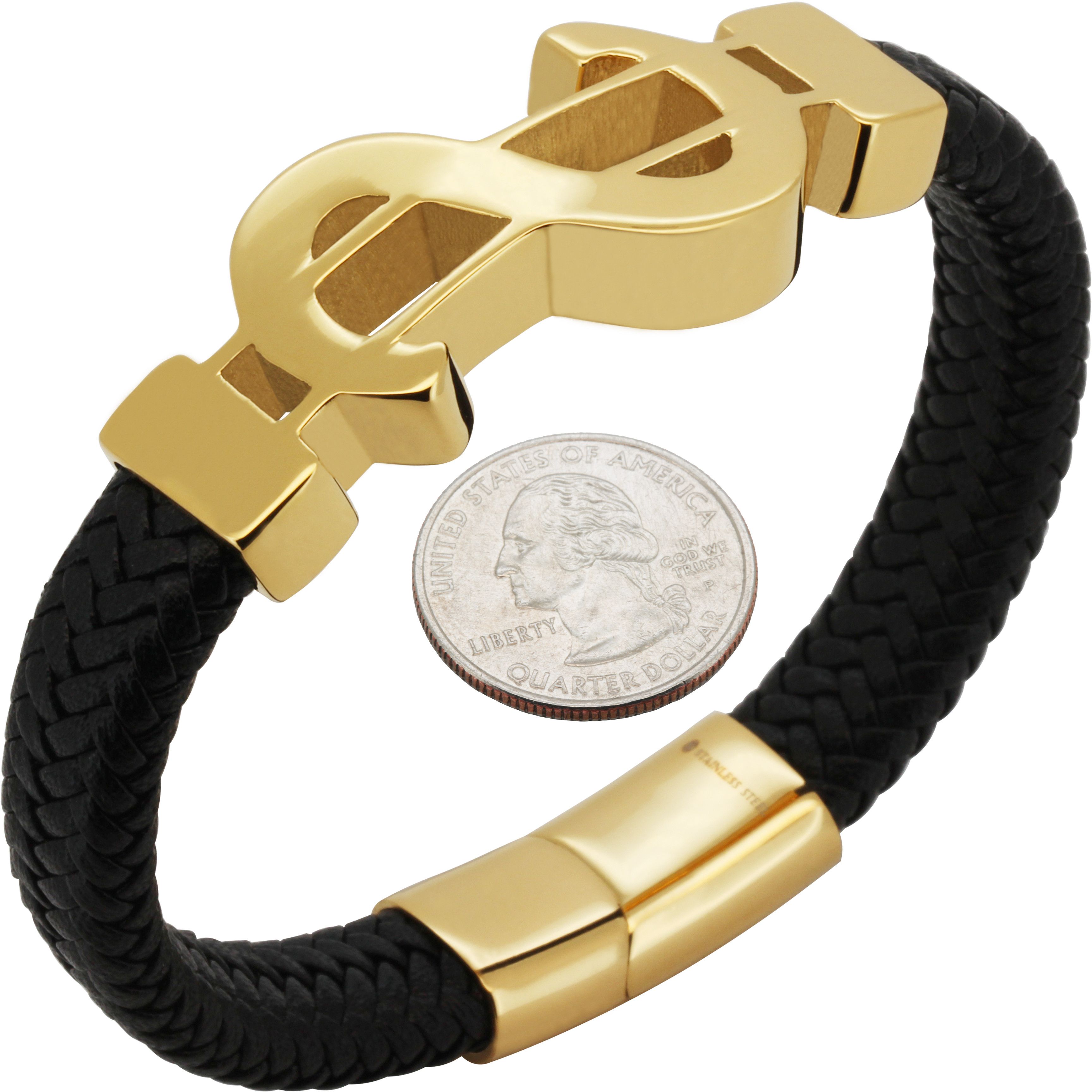 Other 316L Stainless Steel 18k GP 24mm $ Leather Bracelet 8.5" Size ONE SIZE - 1 Preview