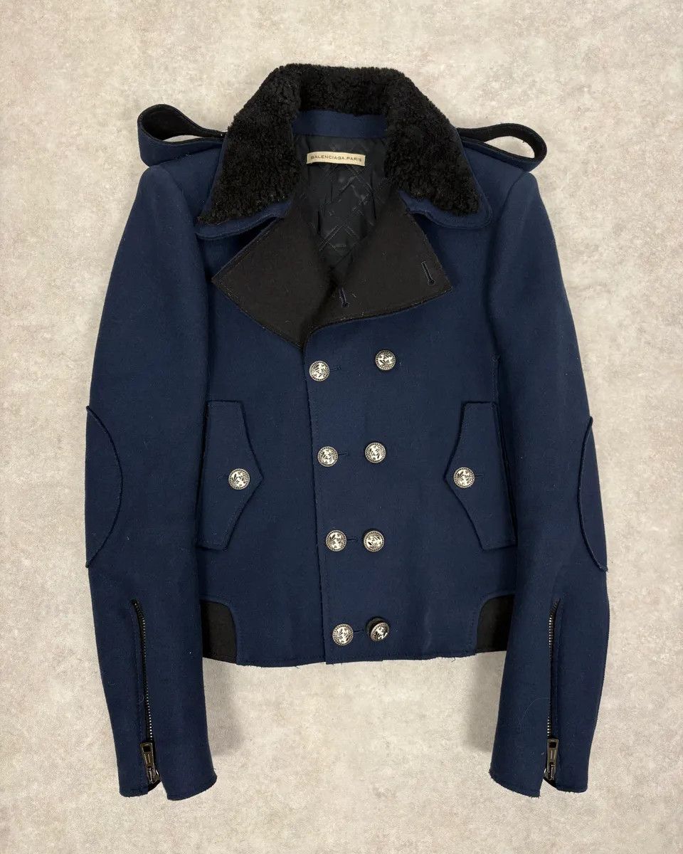 Balenciaga FW2007 Balenciaga Navy Wool Shearling Peacoat Jacket Size M / US 6-8 / IT 42-44 - 1 Thumbnail