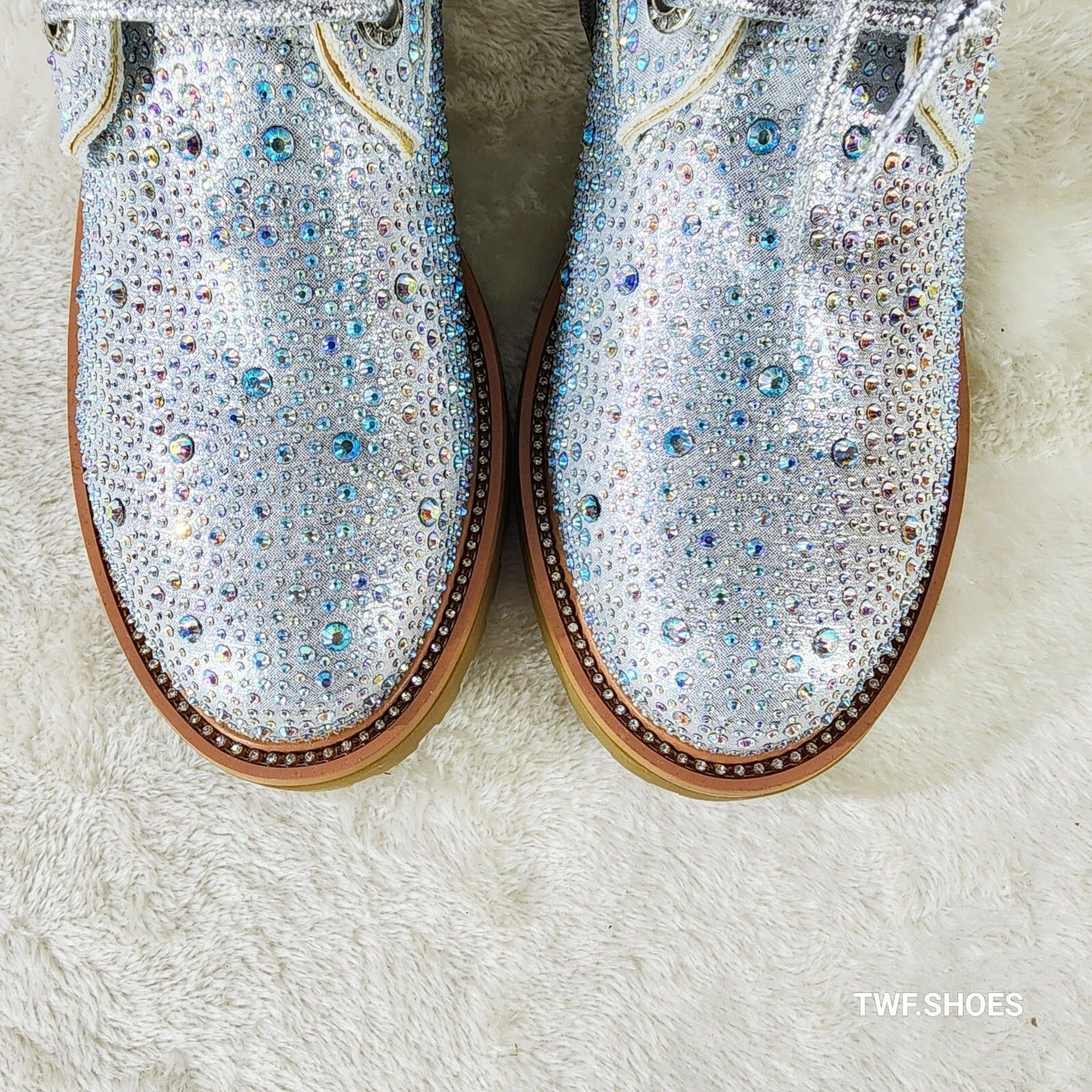 Other Wonder Sparkling Rhinestone Combat Ankle Boots Metallic Silv Size US 9 / IT 39 - 4 Thumbnail