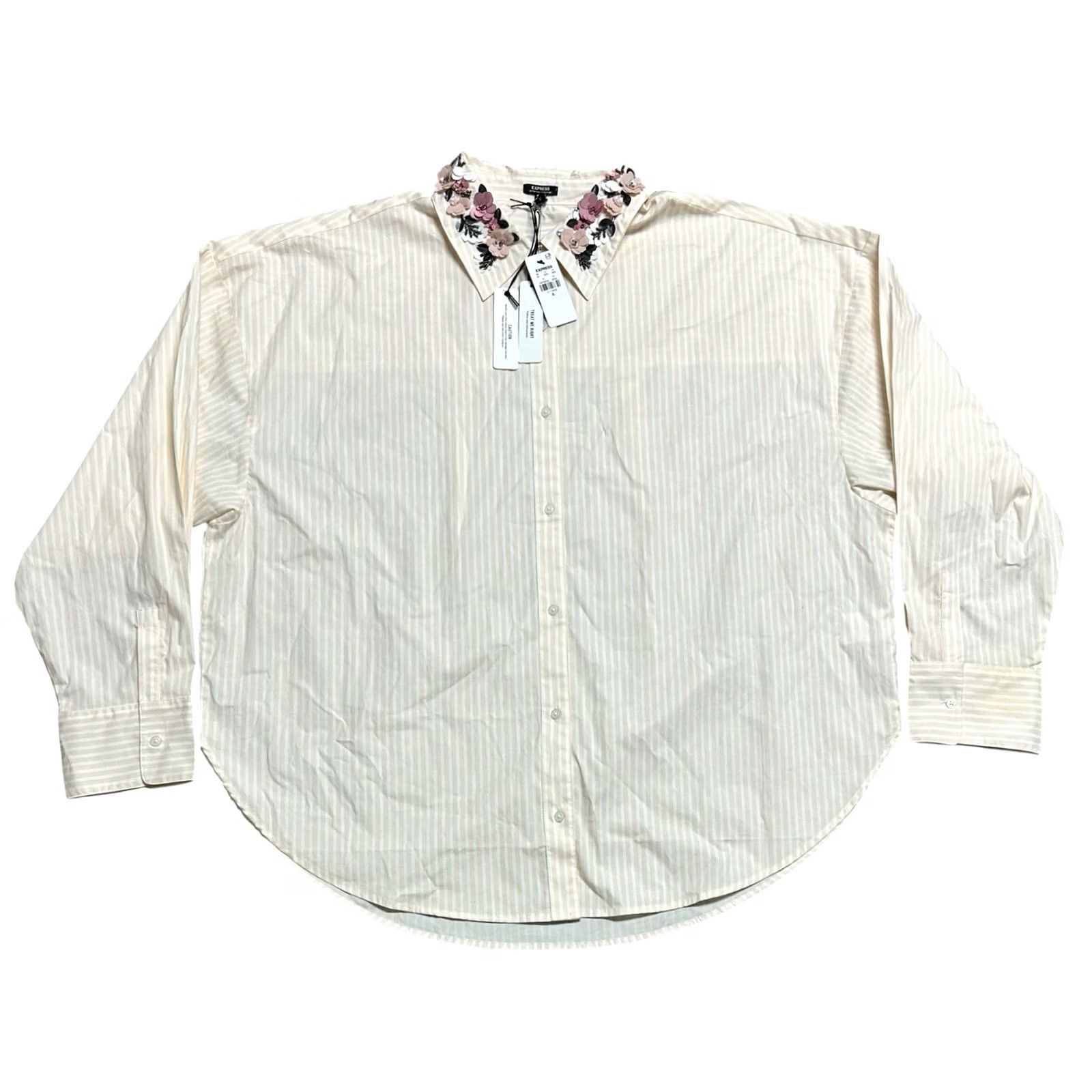 Express NWT Express Oversized Pink Stripe Button Down W/Floral Collar Detail Sz Medium Size M / US 6-8 / IT 42-44 - 2 Thumbnail