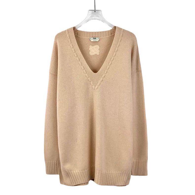 Fendi Fendi Beige Cashmere Logo V-Neck Sweater Size US M / EU 48-50 / 2 - 1 Thumbnail