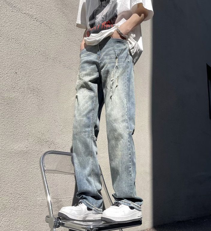 Japanese Brand High street retro blue men's washed distressed casual jeans Size US 32 / EU 48 - 4 Thumbnail