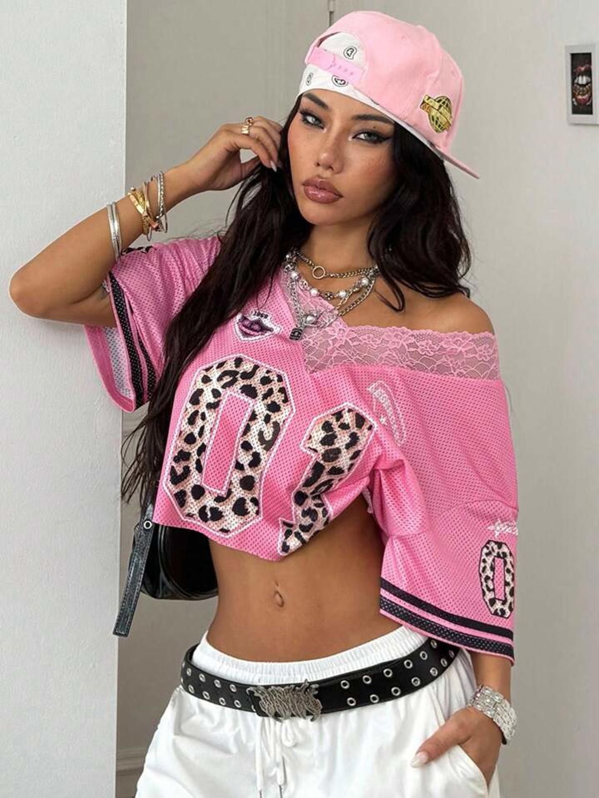 Other 01 Leopard Pink Lace Mesh Trim Crop Top Jersey Size ONE SIZE - 2 Thumbnail