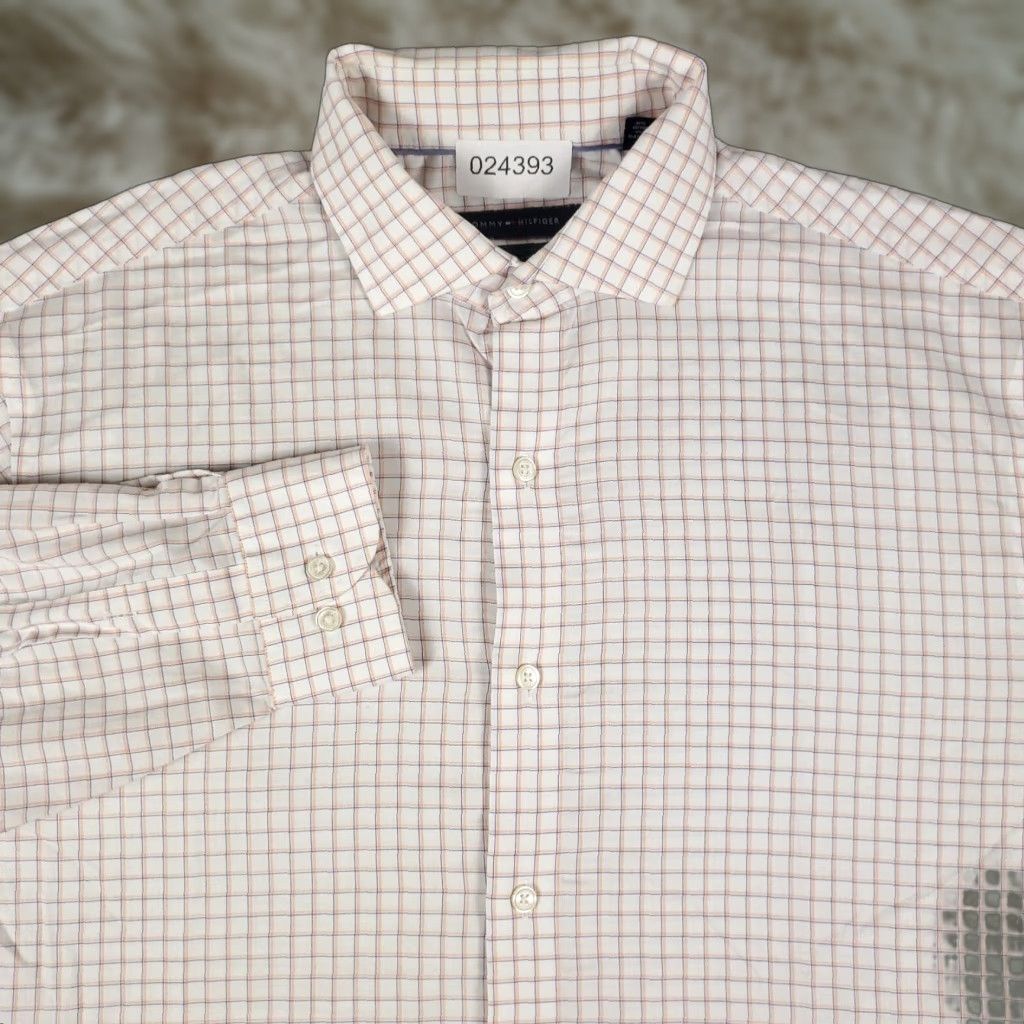 Tommy Hilfiger Tommy Hilfiger Dress Shirt Men 16 White Orange Check Long Sleeve Button Up Preppy Size 42R - 1 Thumbnail