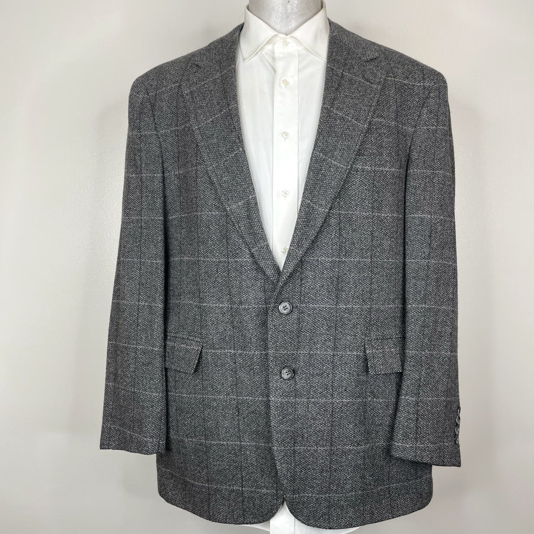 Evan Picone USA Made Sport Coat Mens 46L Gray Textured Check Wool Two Buttons Blazer Jacket Single-Breasted Notch Long - 46L Gray Evan Picone Mens USA