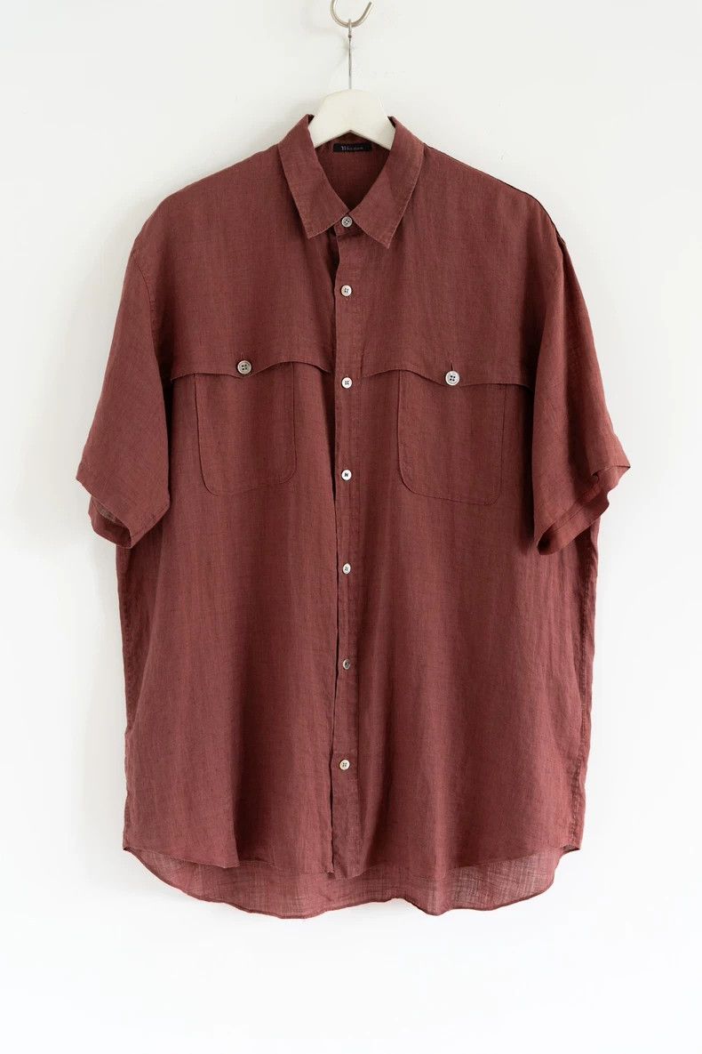 Yohji Yamamoto Yohji Yamamoto size os 90s Brick Red Linen Short Sleeve Sh Size US M / EU 48-50 / 2 - 1 Thumbnail