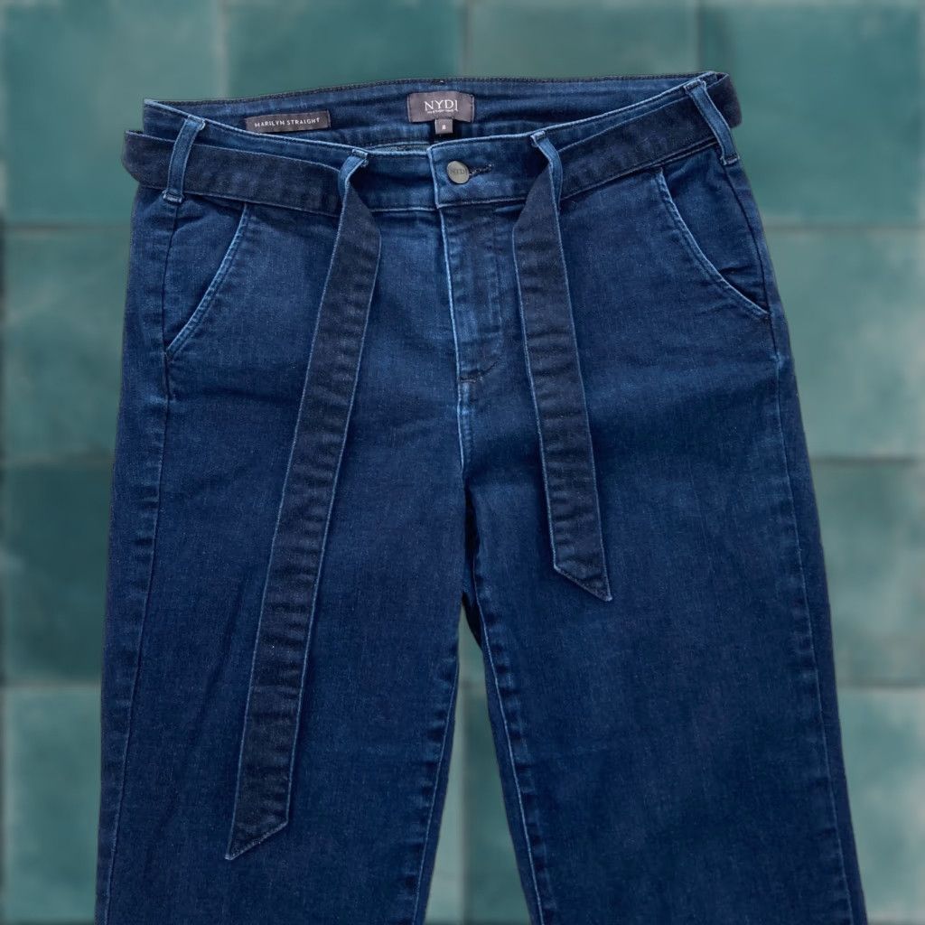NYDJ NYDJ Marilyn Straight Jeans Women's 8 Dark Wash Blue Stretch Denim Tie Waist Size 30" / US 8 / IT 44 - 1 Thumbnail